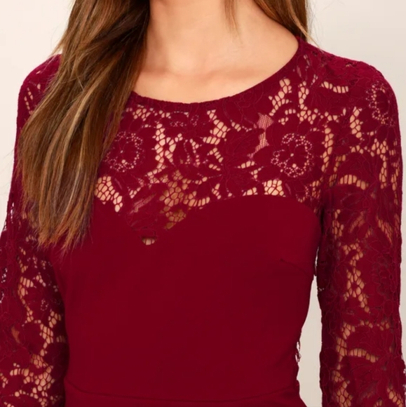 Valentines Day Dress - Lulus Maxi Dress whenever you call me wine red lace dress - Picture 4 of 6